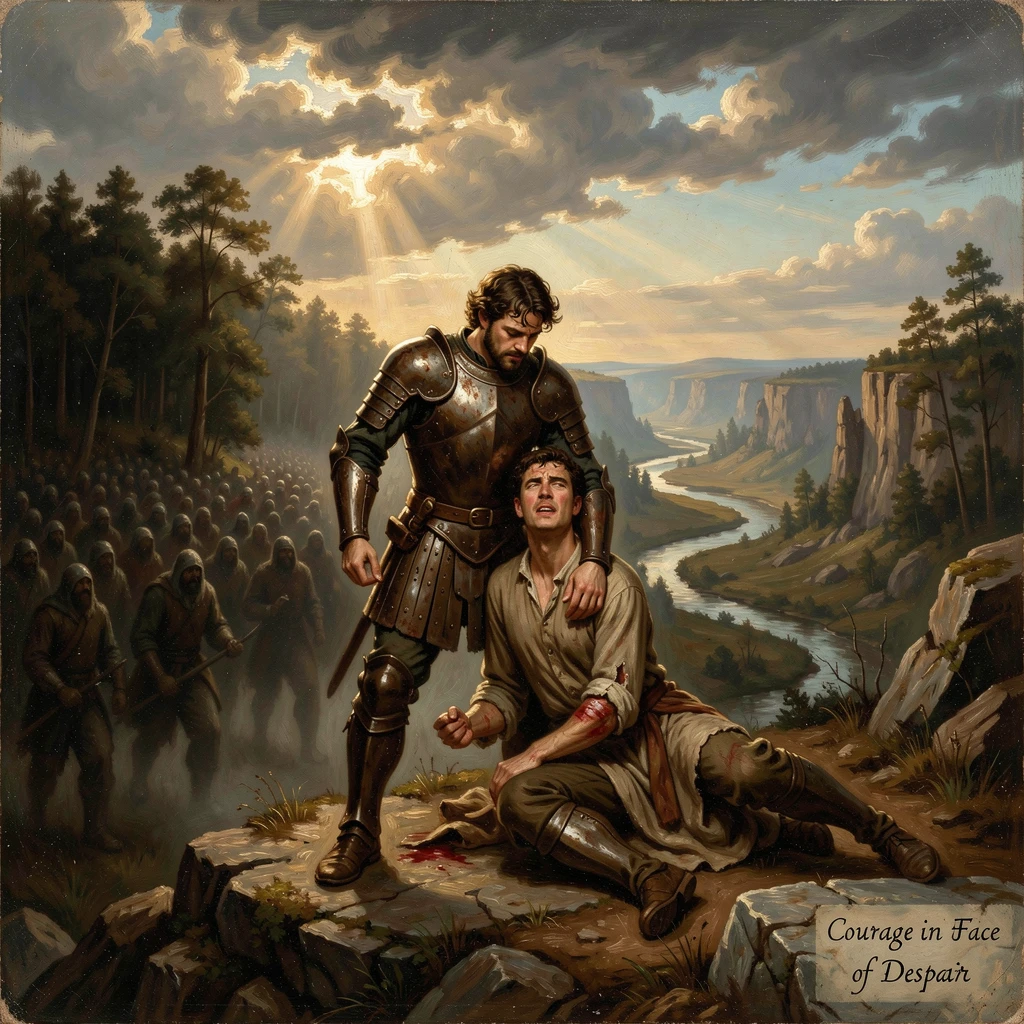 A hero shields a fallen ally while facing overwhelming odds.