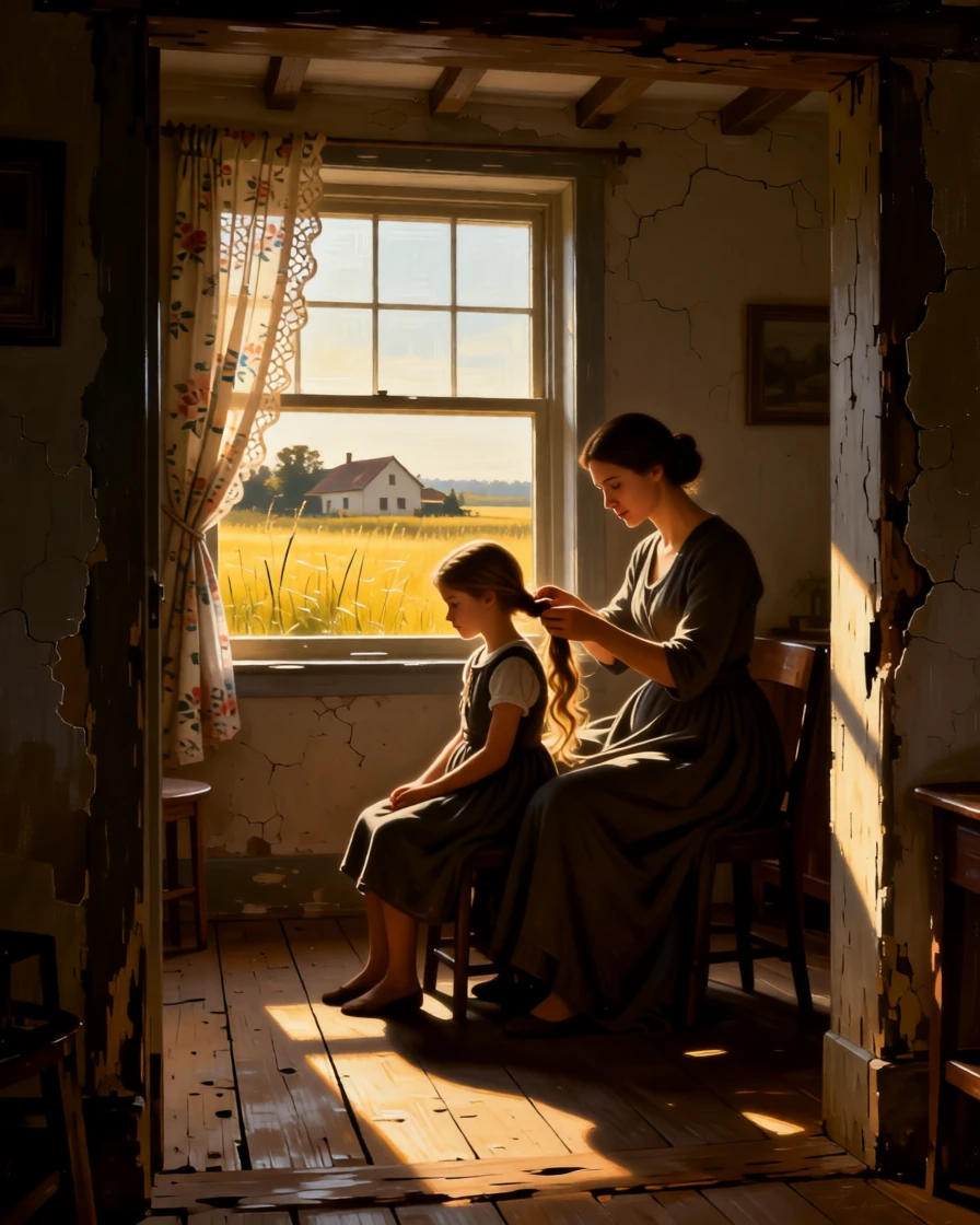 A mother braiding her daughter's hair by a sunlit window at the exact instant a memory is quietly being made, set within a sunlit meadow just beyond a quiet farmhouse, with worn, familiar surroundings that speak of years shared together; gentle framing by a doorway or window softens the intimate scene, radiating warmth, comfort, and belonging.