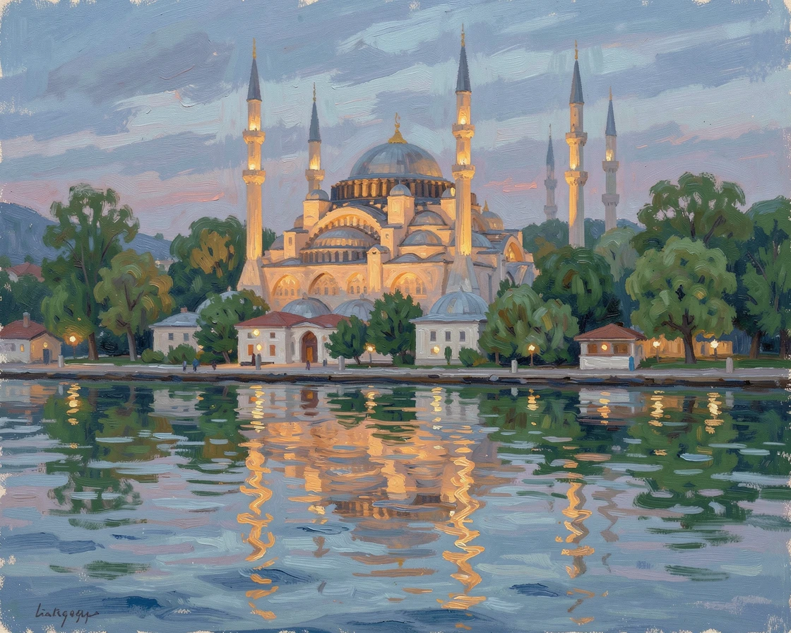 The Blue Mosque of Istanbul glowing at twilight, reflected in the still waters of the Bosphorus, in the lush green of midsummer, evoking timeless charm and quiet elegance.