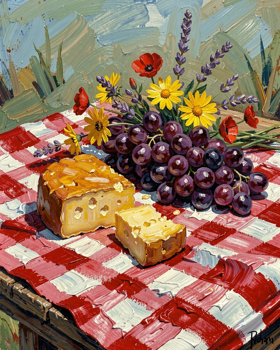 A still life of a picnic spread with cheese, grapes, and wildflowers on a checkered cloth.