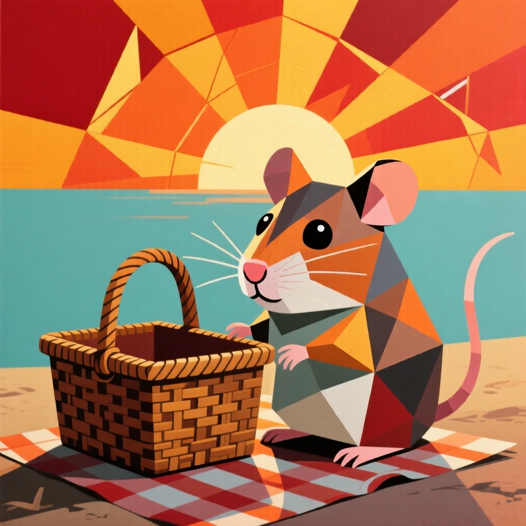 A charming portrait of a tiny hamster wagging its tail beside a picnic basket, at sunrise.