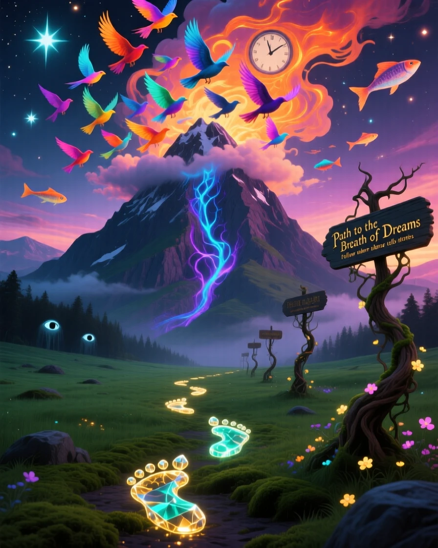 A mountain whose peak dissolves slowly into a flock of birds seems to breathe slowly in and out with the wind, while a trail of glowing footprints marks a path forward.