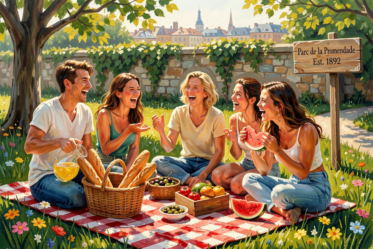 A group of friends share a picnic lunch spread across a checkered blanket in a sunny park, laughter echoing between bites, their surroundings offering subtle clues about culture, place, and the moment being lived.