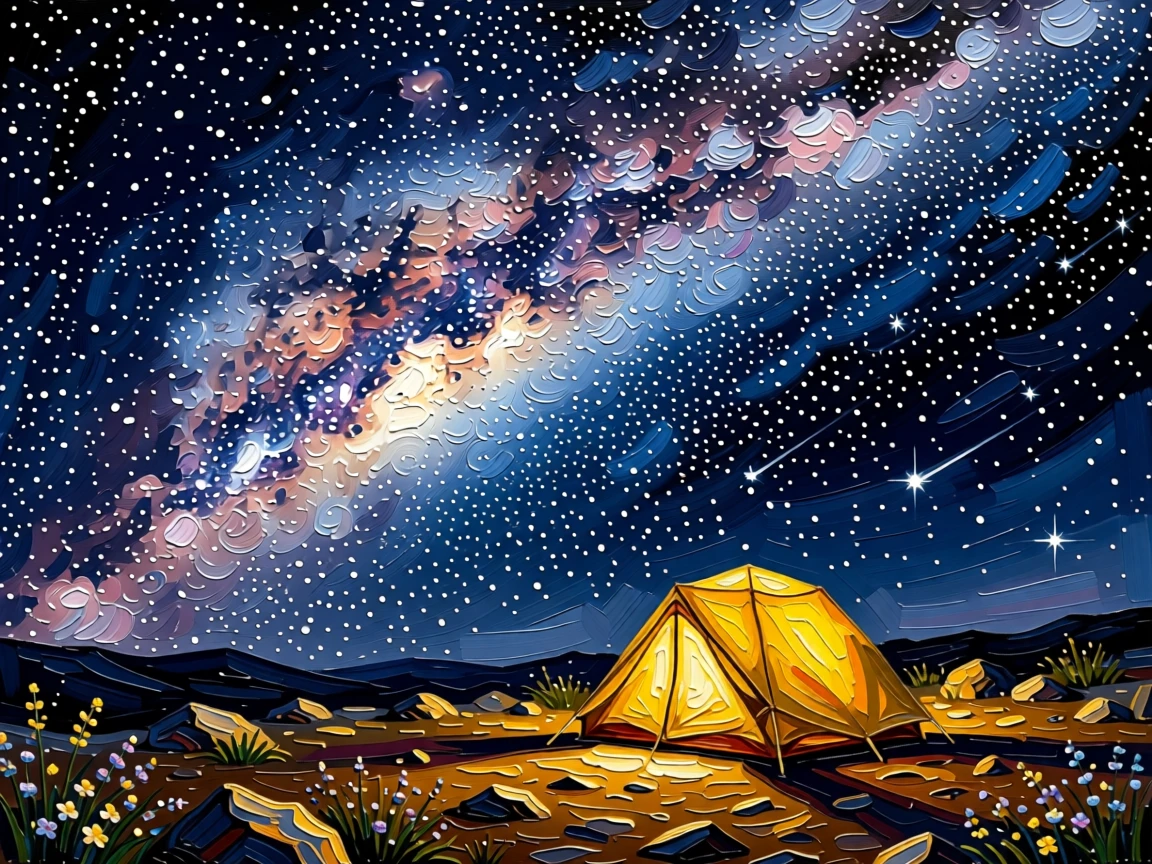 A lone tent glowing beneath a sky ablaze with the full arc of the Milky Way