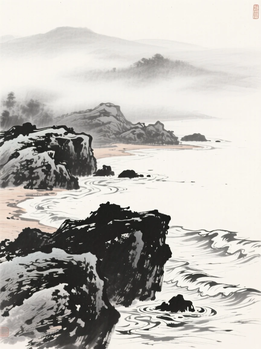 Fog rolls in over a rocky shoreline dotted with weathered boulders, as waves break rhythmically along the shore.