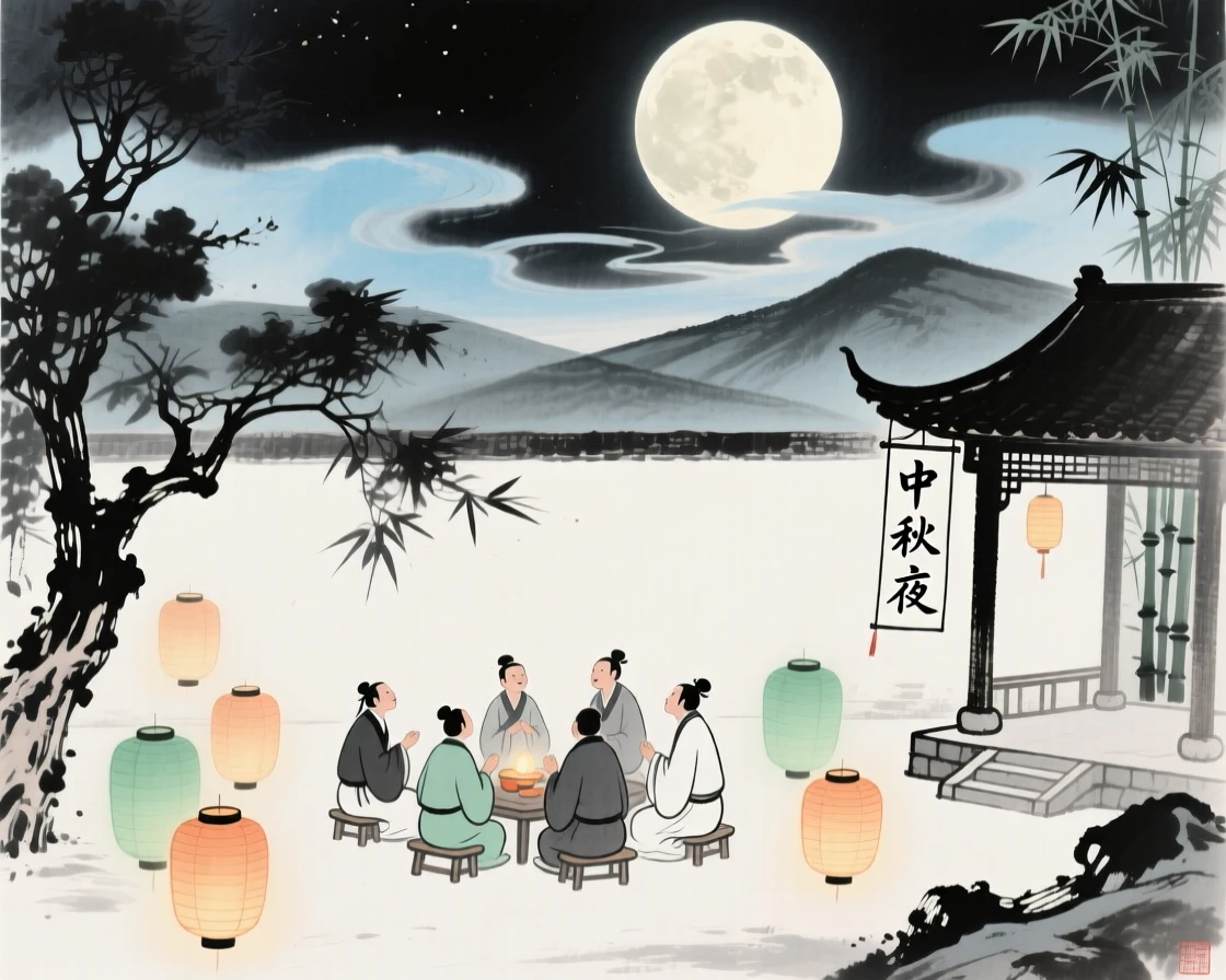 A mid-autumn festival gathering with lanterns lit beneath a full moon, under drifting clouds, filled with tranquil stillness.
