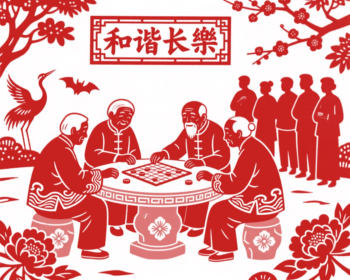 A group of elders playing a board game at a stone table in the park, a small crowd watching intently
