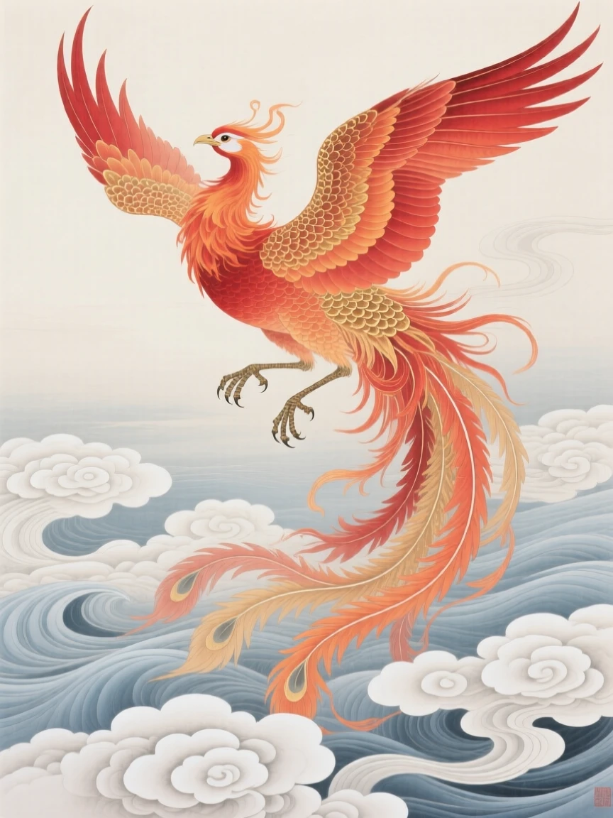 A phoenix wreathed in glowing flame-colored plumage above a sea of swirling clouds