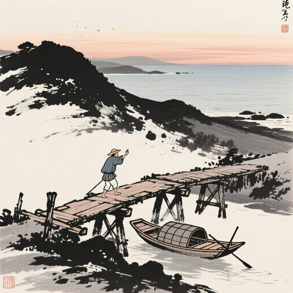 A boatman crossing an old wooden bridge at dusk on a hillside overlooking the sea, captured mid-gesture in a candid, natural moment, suggesting harmony between people and their surroundings.