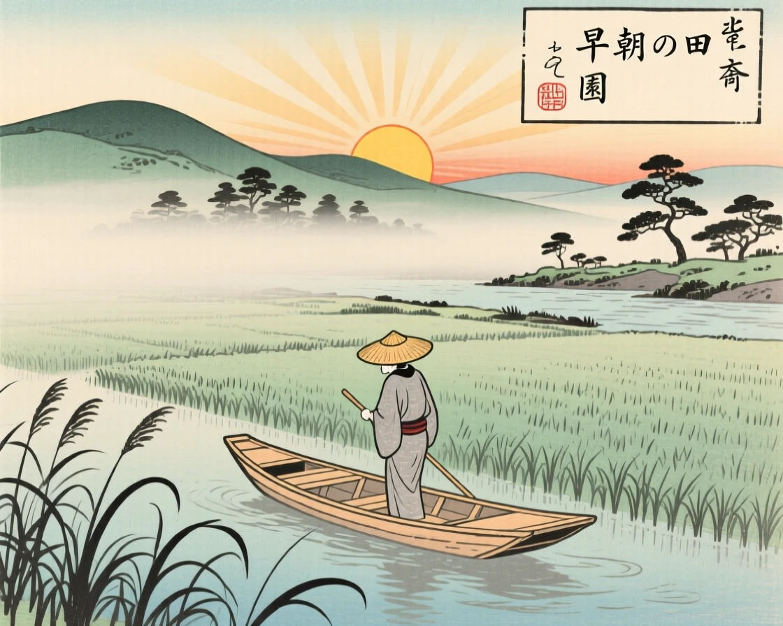 Sunrise breaking over a peaceful mist-shrouded rice field, as the last boat departs.