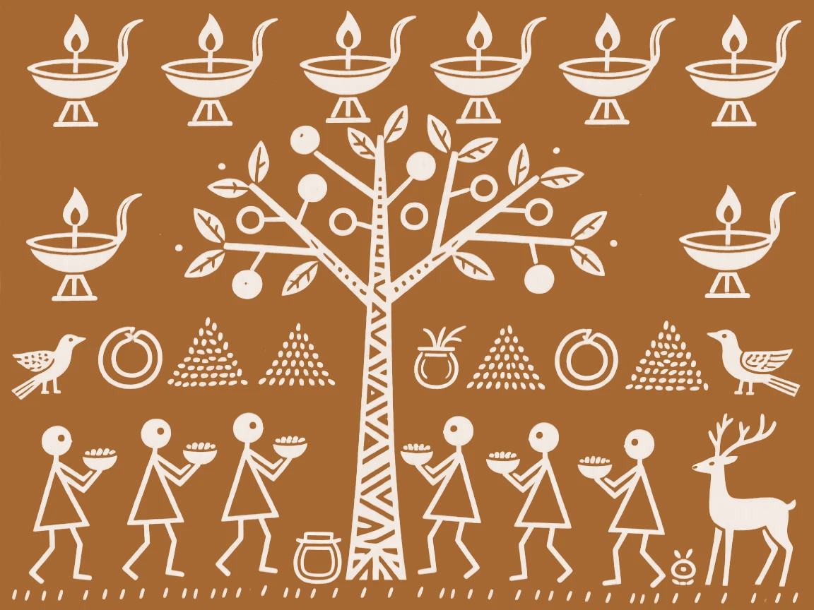 A composition centered on a tree of life framed by rows of lamps and offerings.