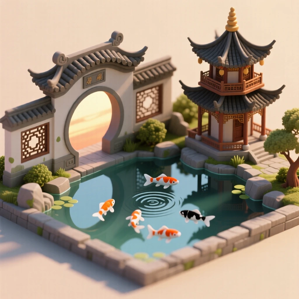An ancient Chinese imperial garden with a moon gate, koi pond, and a pagoda reflecting in still water at sunset.