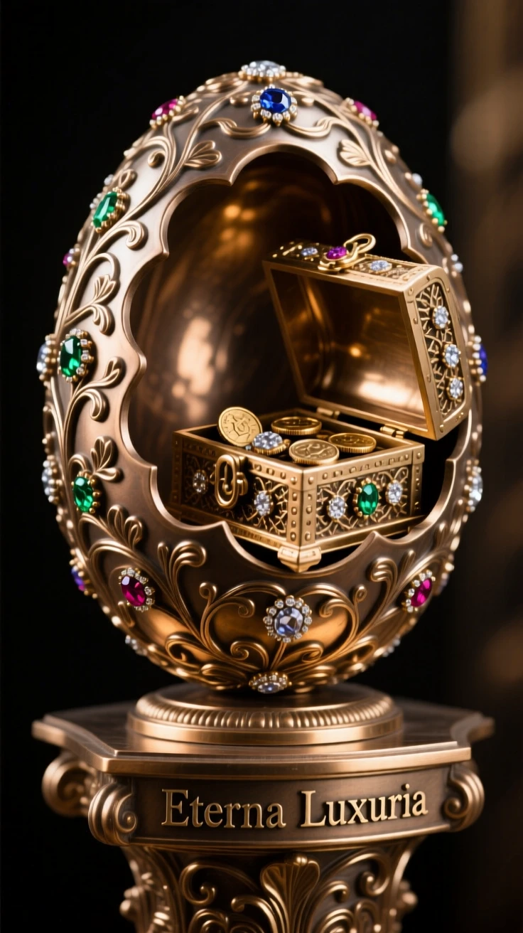 A jeweled egg with a hidden treasure inside, capturing a sense of timeless luxury, radiating elegance and refinement