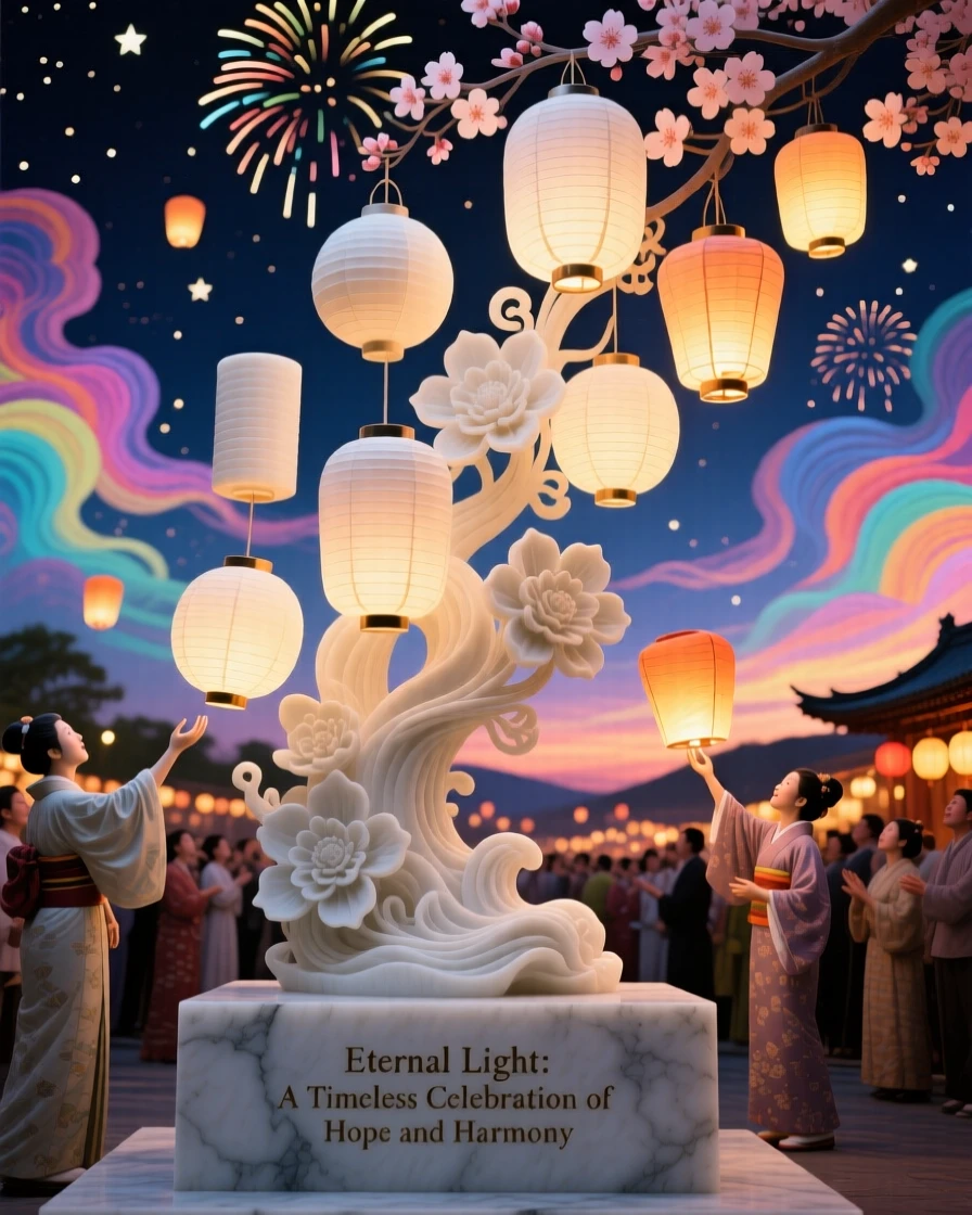 An evocative depiction of a paper lantern festival lighting up the night sky, under a brilliant, colorful sky, balancing detail with emotional depth