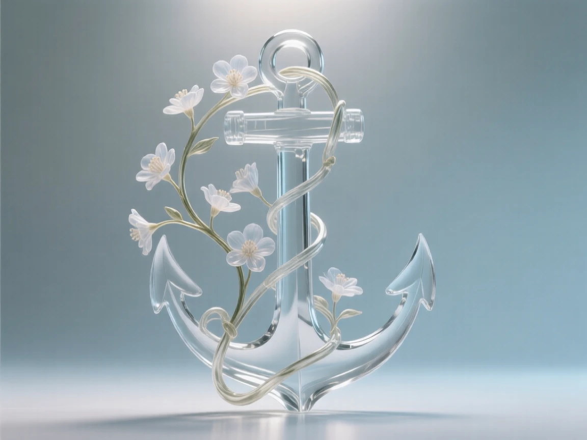 Beneath a sky filled with softly drifting light, an anchor entwined with a blooming vine of flowers, while a quiet stillness surrounds the entire scene