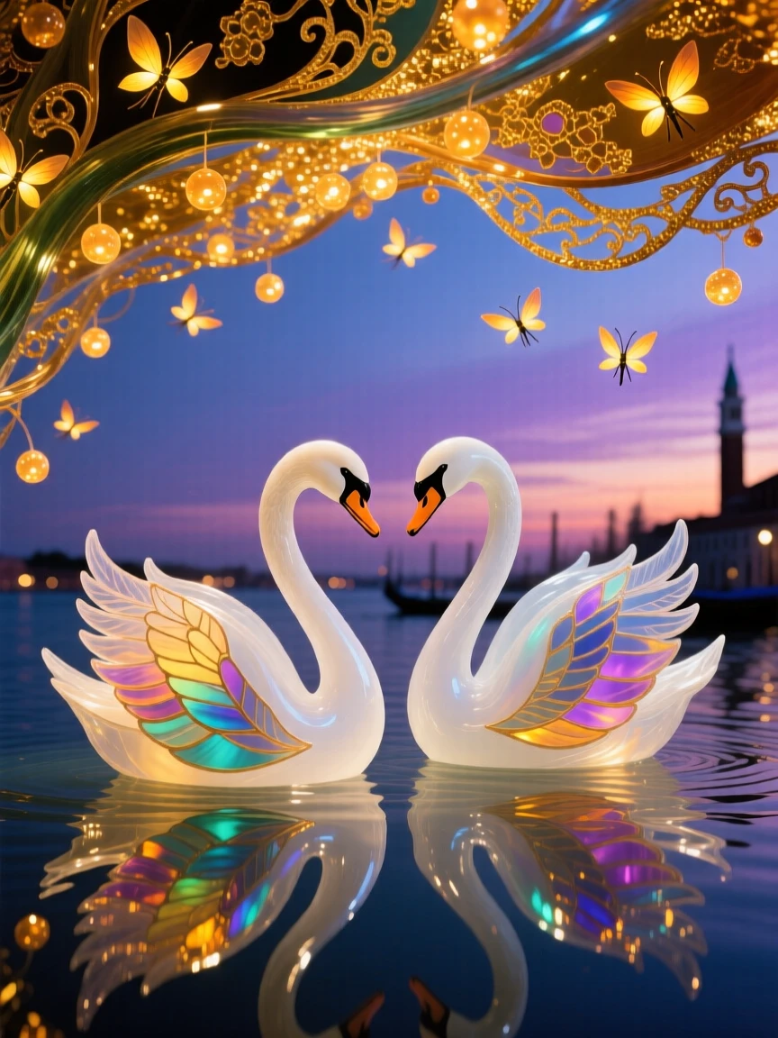 A pair of swans gliding beneath a canopy of the brightest fireflies at the height of dusk, magical and serene.