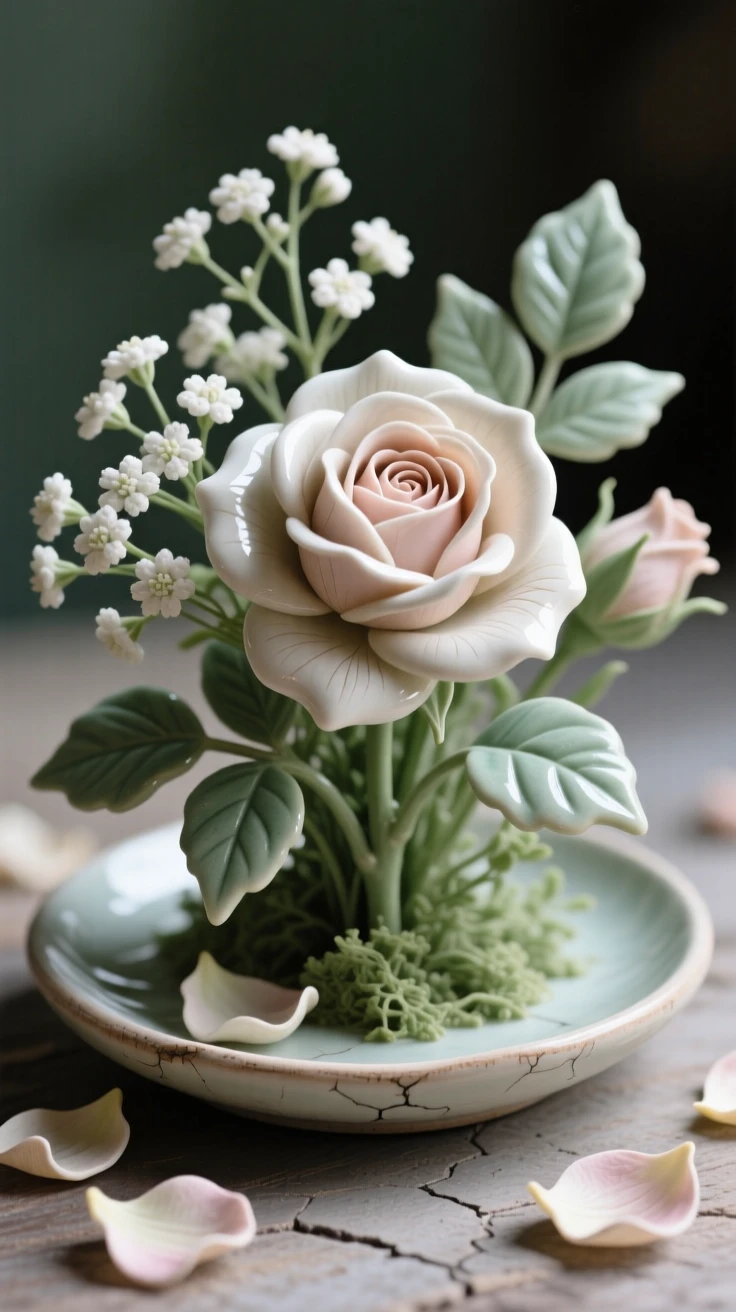 A spray of baby's breath framing a single bloom framed by soft surrounding greenery, surrounded by scattered fallen petals, radiating freshness and natural elegance.