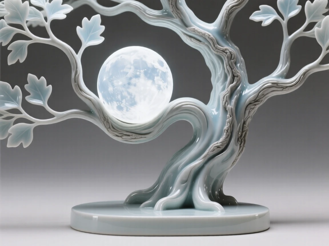 A surreal composition where the moon rests gently in the branches of an old oak tree, the scene calm despite its impossible logic.
