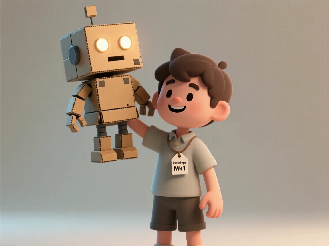 A proud young inventor unveils a cardboard robot costume, blinking cardboard eyes lighting up with a hidden flashlight.