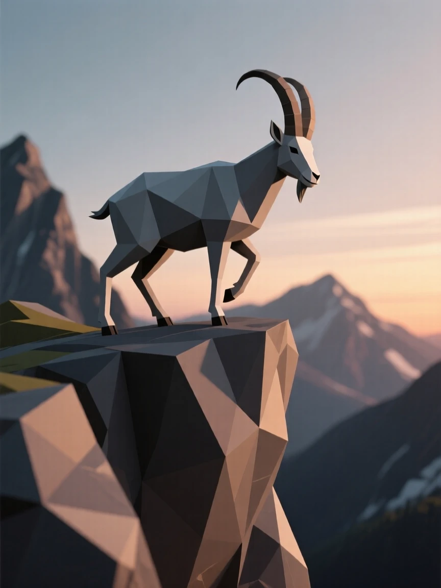 A mountain goat balancing on a steep cliff, on a windswept ridge at dusk. soft natural light highlights every texture. The atmosphere is wild and untamed.
