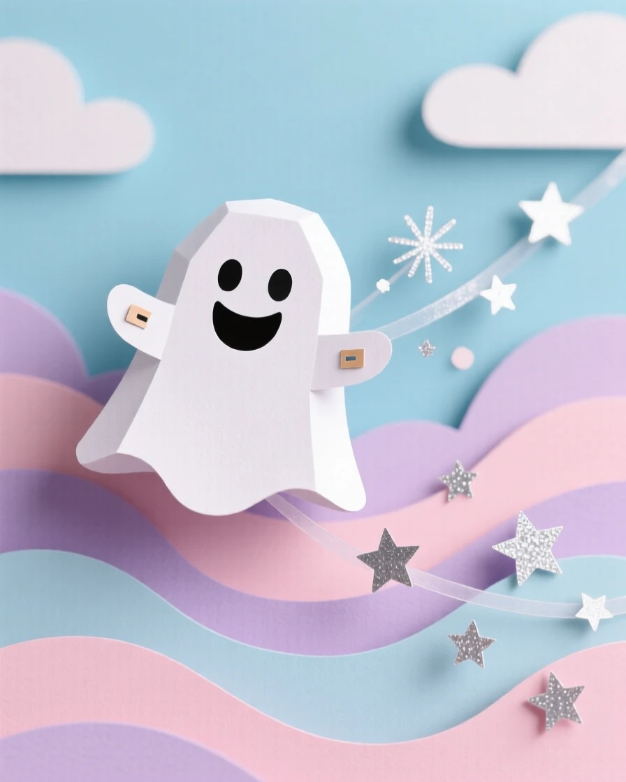A friendly ghost with a big smile floating lazily across a pastel sky, with tiny sparkles trailing behind it, capturing pure adorable innocence.