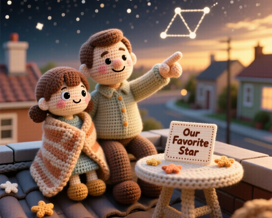 a father and daughter stargazing on a rooftop, wrapped in the same warm blanket, is captured pointing out a favorite constellation in a quiet neighborhood street at golden hour beside a handmade card resting on the table, showing warm nostalgia and gentle family tradition.