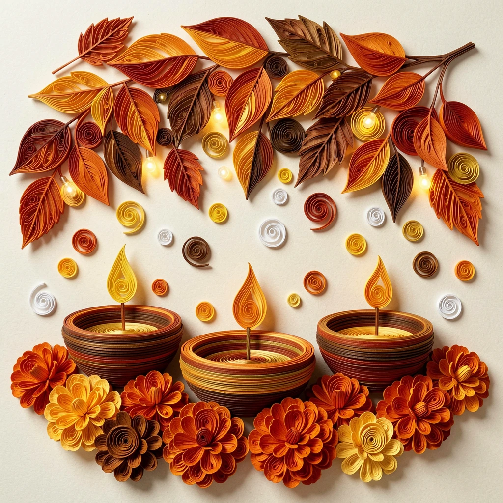 a Diwali display of glowing oil lamps and marigolds, beneath a canopy of falling autumn leaves, arranged with warm twinkling lights scattered throughout, in warm autumn tones of orange, rust, and brown.
