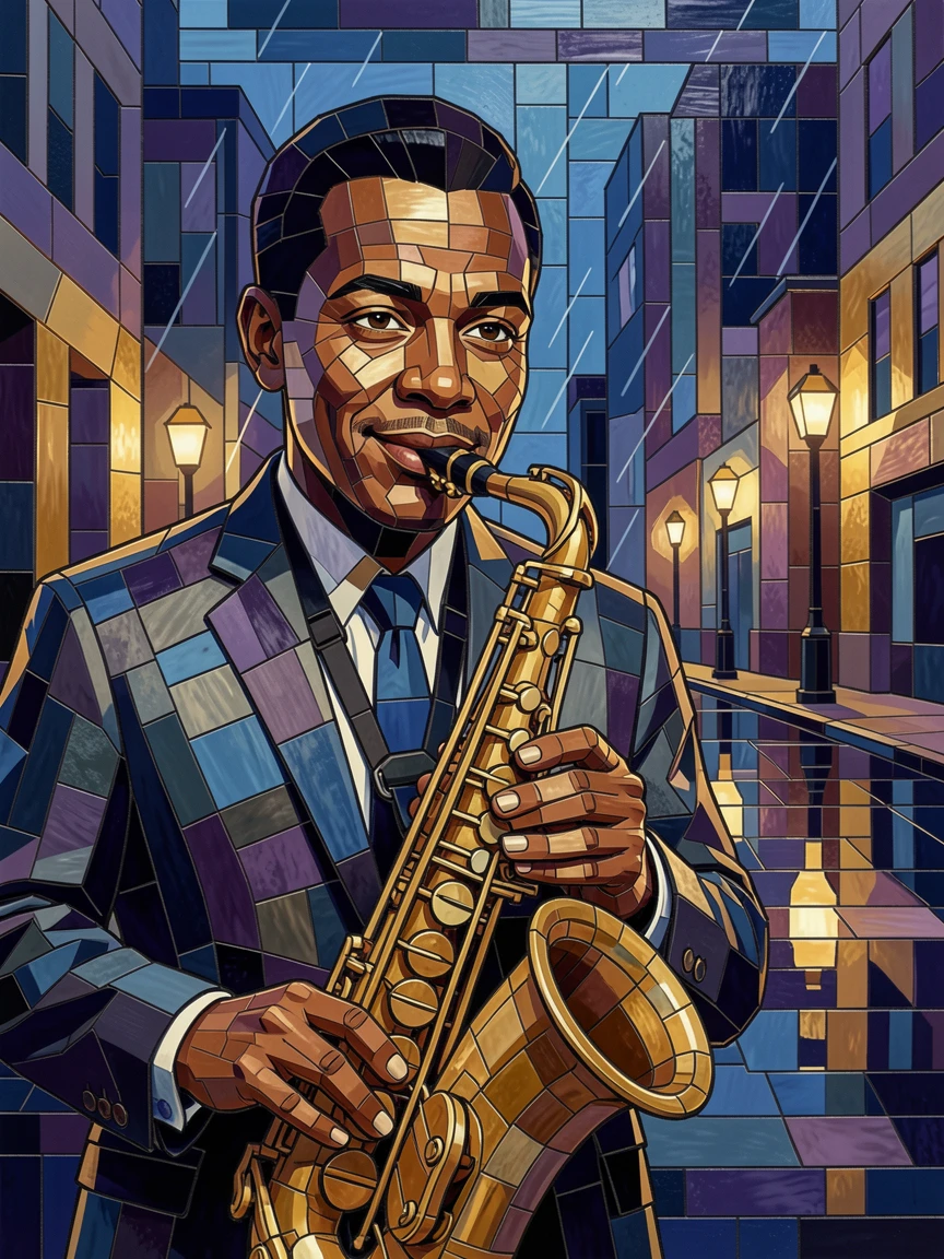 A close-up emotional portrait of a jazz musician playing saxophone on a rain-slicked city street, with striking eyes and gentle expression.