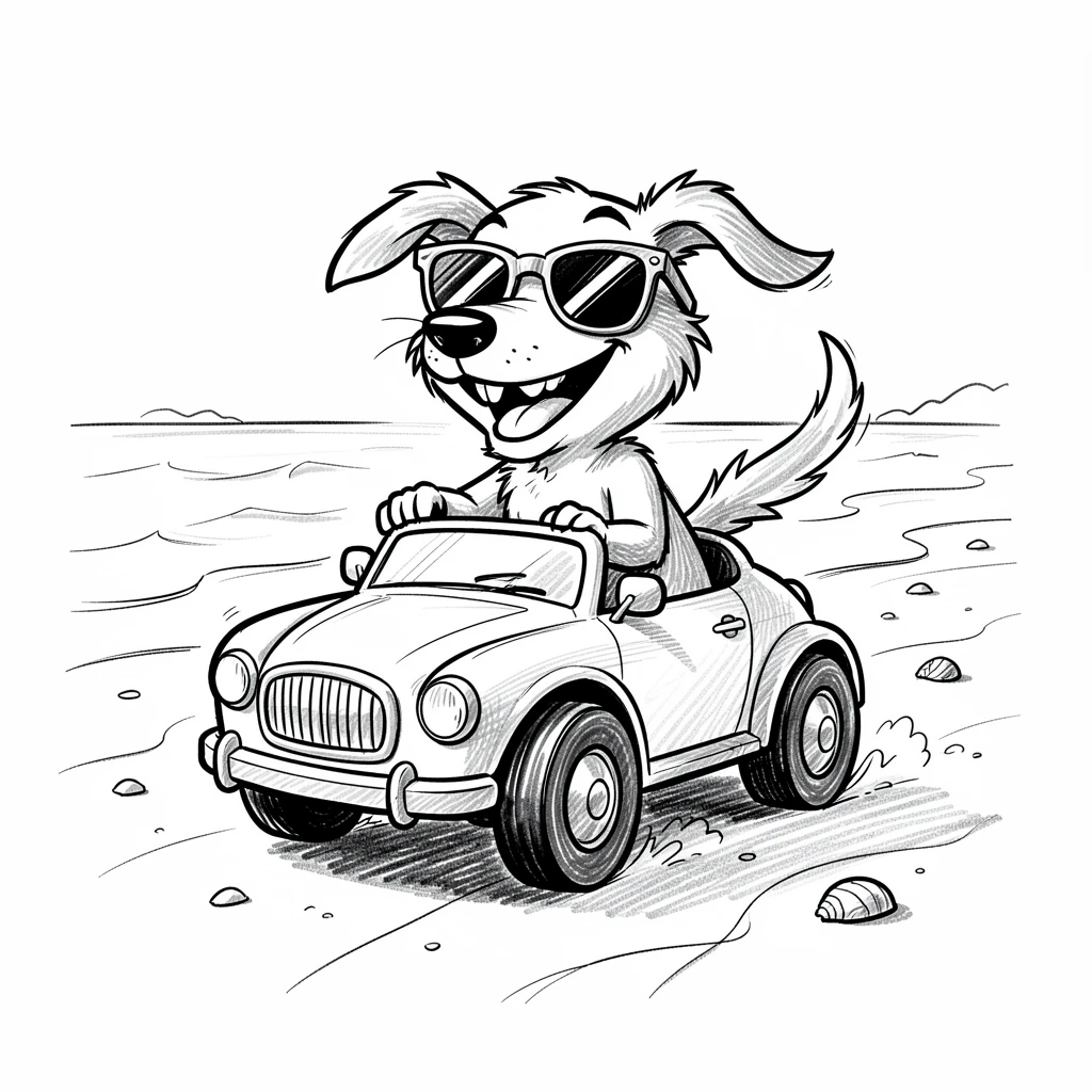 A dog wearing sunglasses driving a toy car beside a sandy beach.