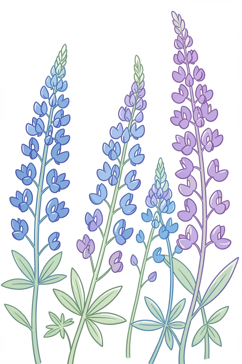 A field of wild larkspur blooming in soft shades of blue and violet.