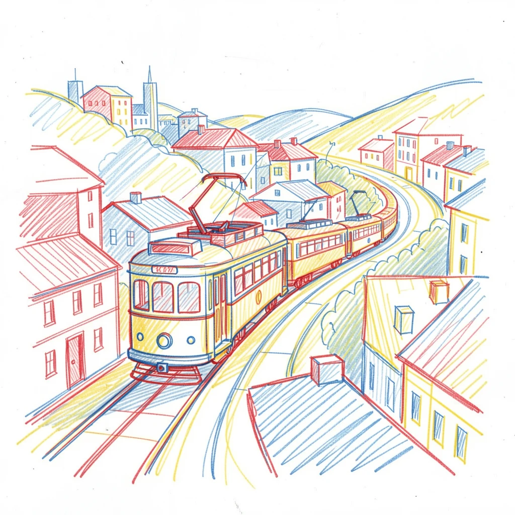 A vintage tram winding through a hilly, colorful city district