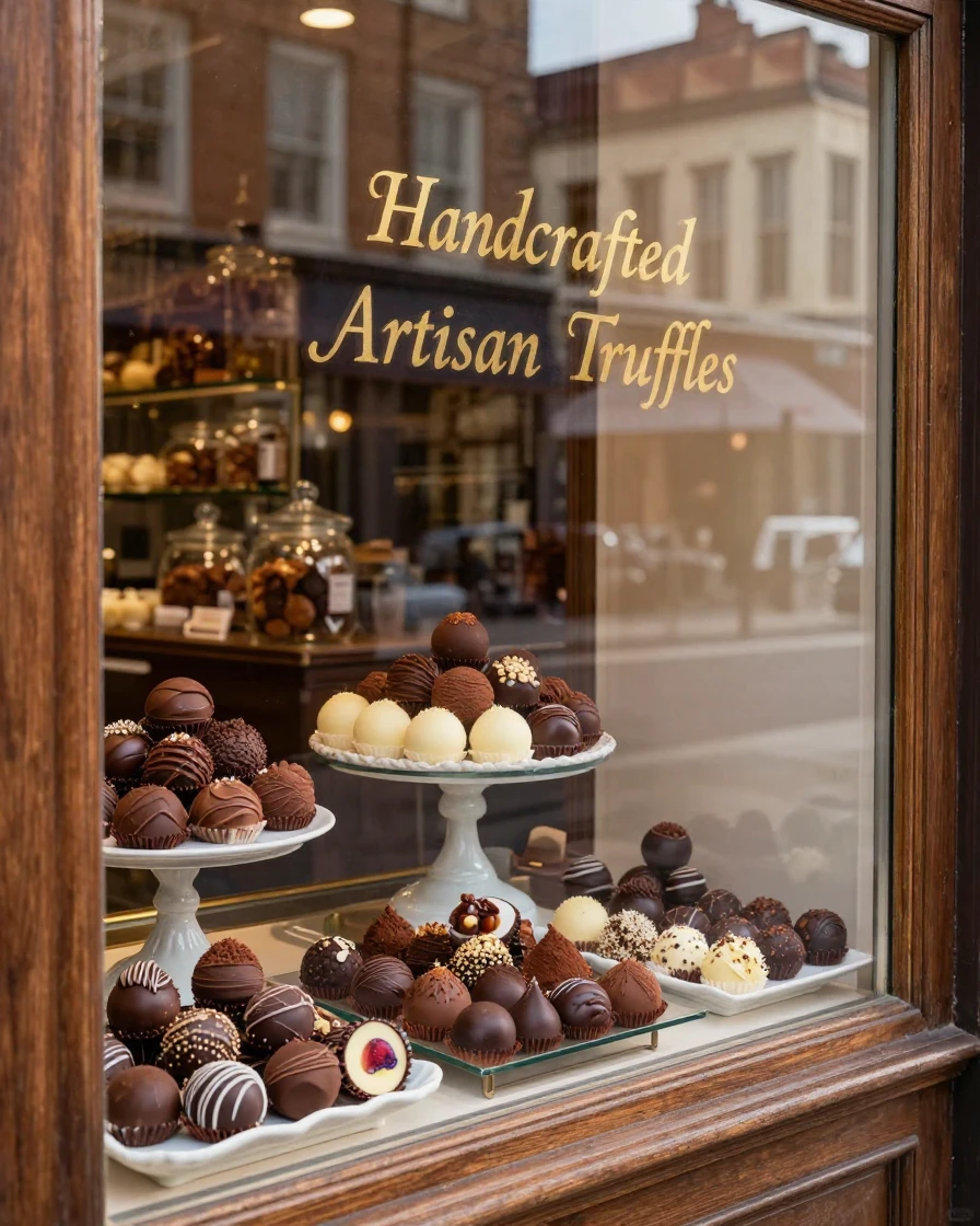 A chocolate shop window filled with handcrafted truffles