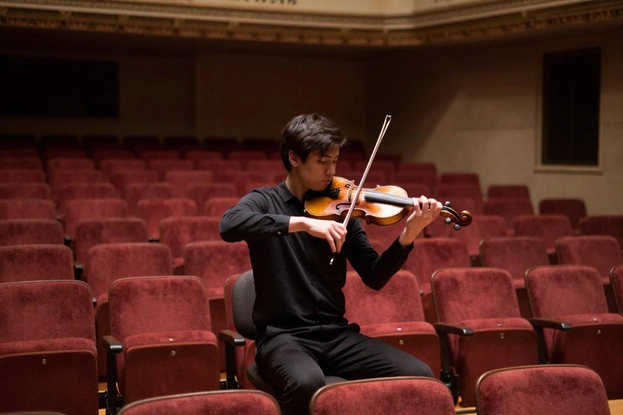 A violinist rehearses alone in an empty concert hall, bow raised mid-note.