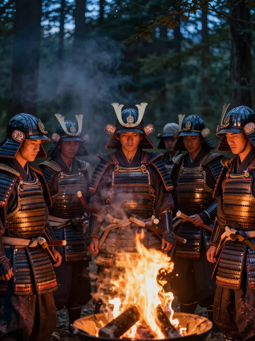 A group of samurai warriors gathered around a crackling evening fire