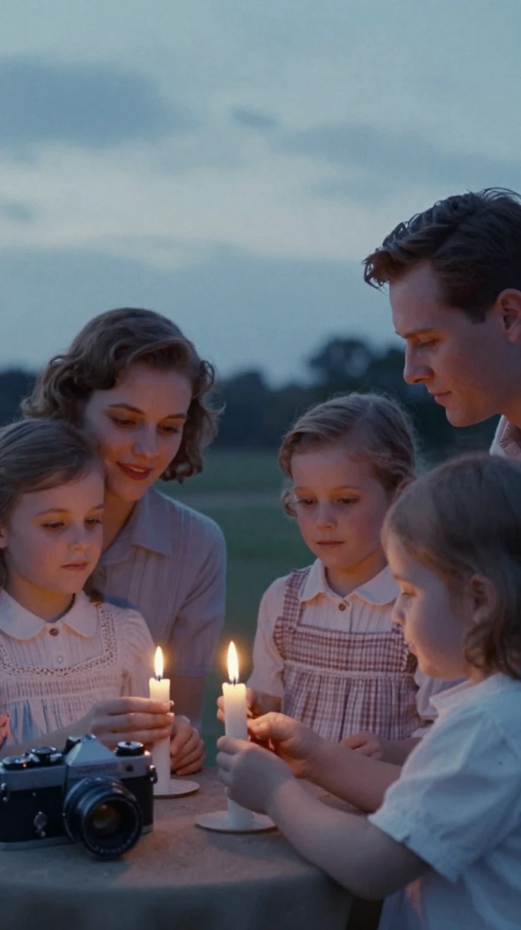 A family lighting candles together for a religious holiday, in cool blue twilight, under scattered clouds, in the mild days of early autumn, in soft muted pastels, in a tight close-up.
