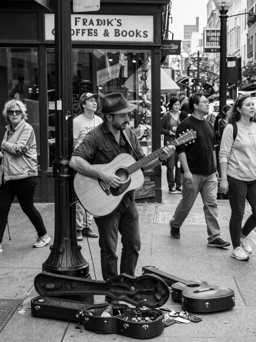 A street musician strums a guitar for passing crowds on a busy city corner.