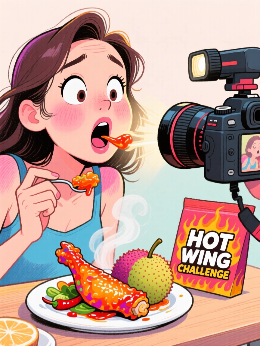 A woman trying a trendy food challenge, camera capturing her exaggerated reaction.