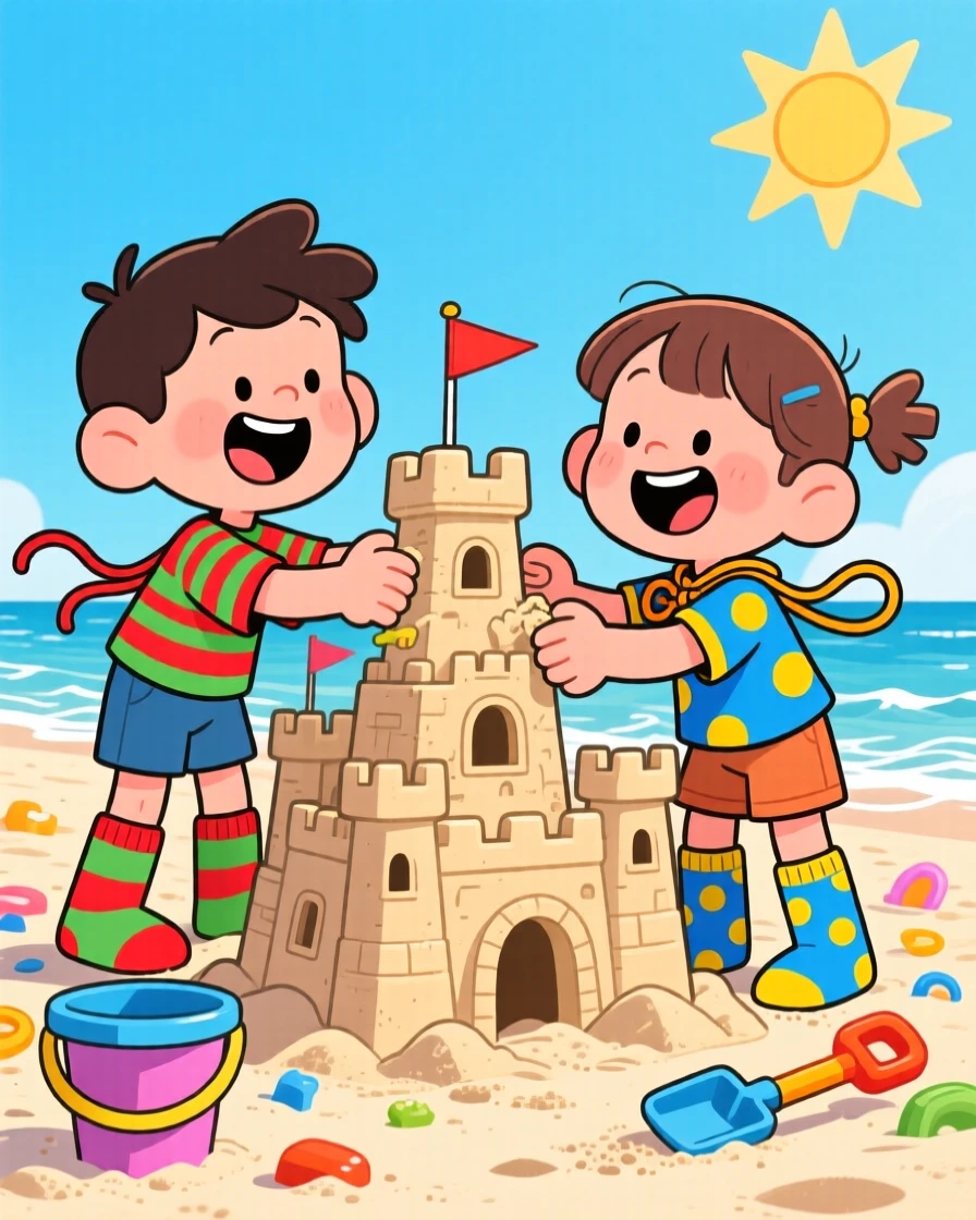 A playful childhood moment of twin siblings building an elaborate sandcastle on the beach, with mismatched socks and untied shoelaces.