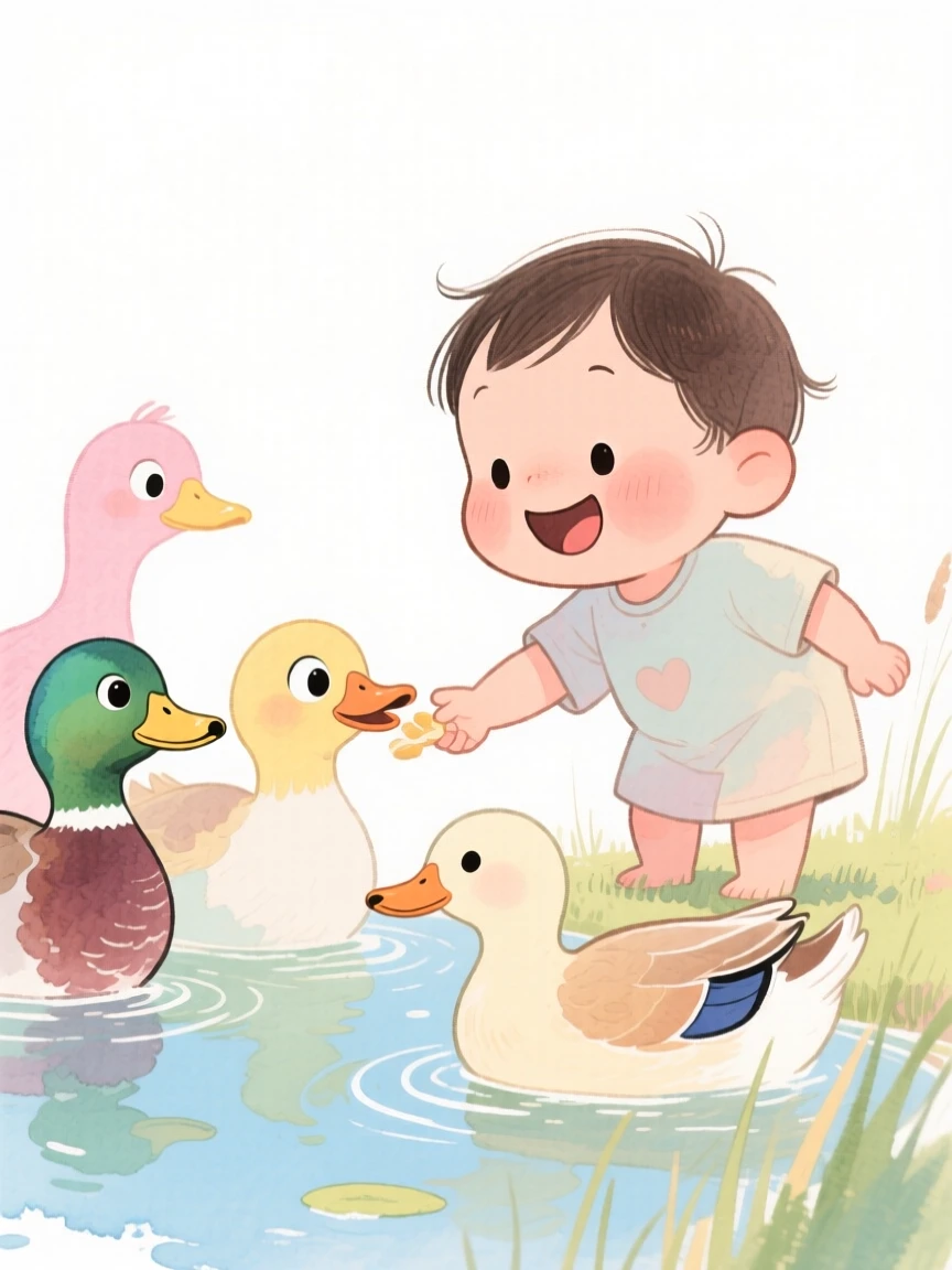 A heartwarming scene of a toddler feeding ducks at a park pond
