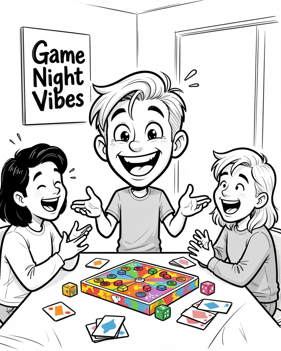 [Trending & Universal Topics] Modern lifestyle scene of a cheerful content creator hosting a lively game night with friends, capturing everyday joy