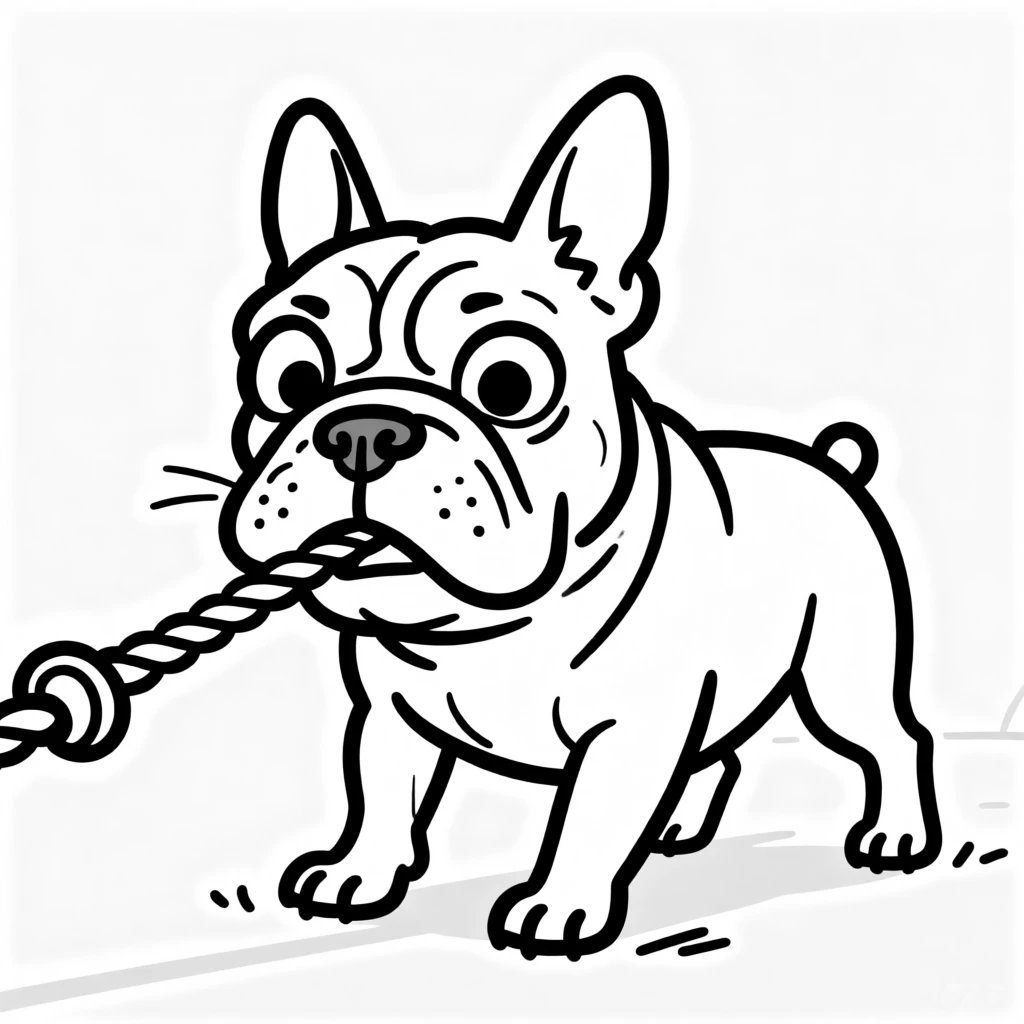A French bulldog playing tug of war with a rope toy, back paws braced and determined.