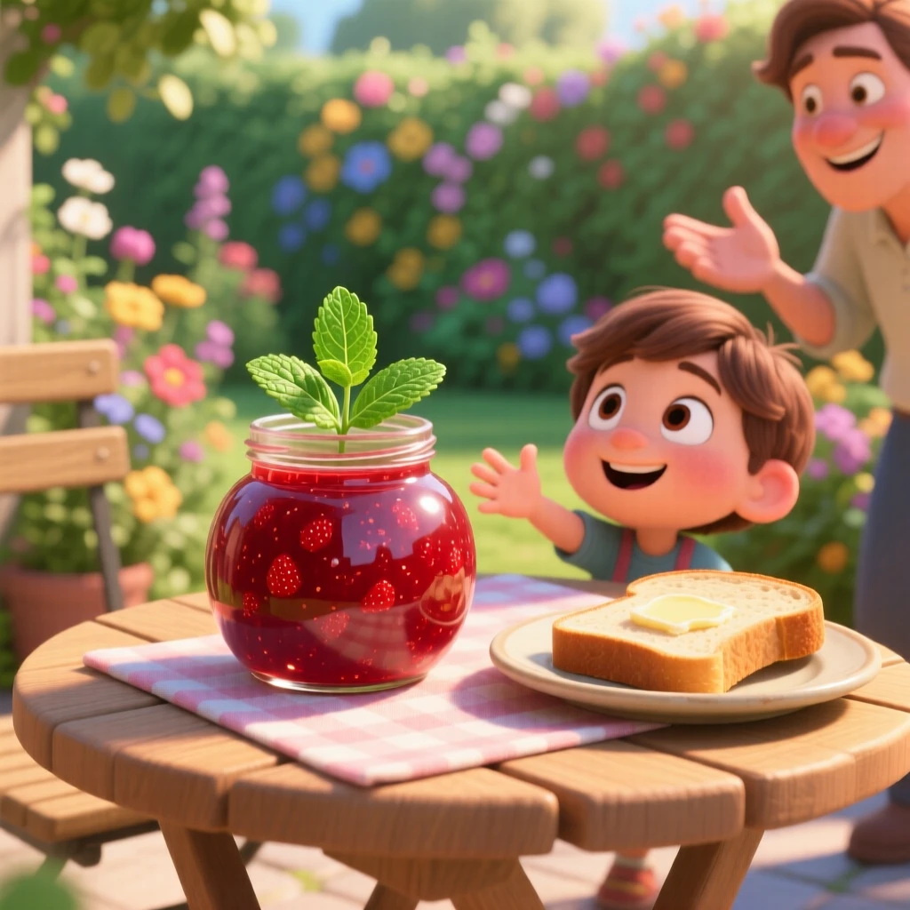 A jar of homemade strawberry jam sits at a small table overlooking a garden, garnished with a sprig of fresh mint. The mood is festive and appetizing.