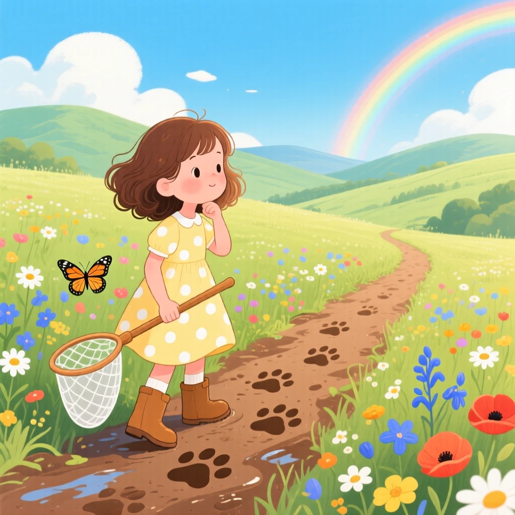 A girl with a butterfly net pauses while following a trail of paw prints in the mud in a wildflower meadow, while a rainbow arches faintly over the valley.