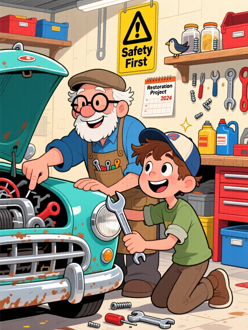 A grandfather and teenage grandson restoring an old car together.