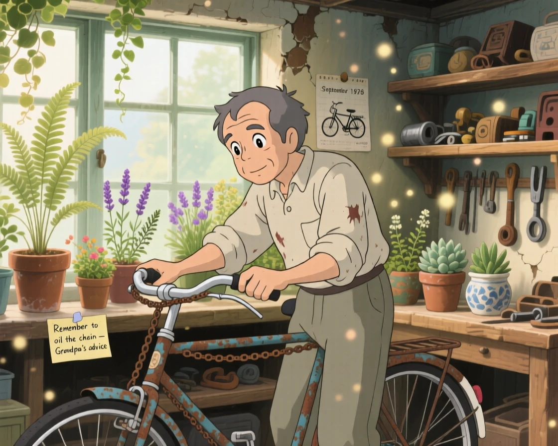 A man repairing an old bicycle in his garage, potted plants lining the windowsill, the whole scene feeling gently nostalgic.