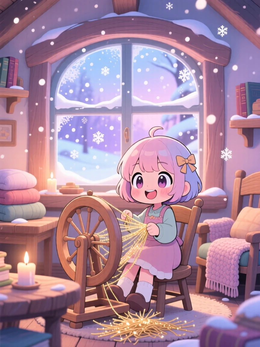 In a cozy storybook cottage room, a young girl is spinning straw that sparkles like gold during a cozy winter snowfall, bathed in soft pastel light of dawn, expression full of delighted joy. Shot as a framed through a window.