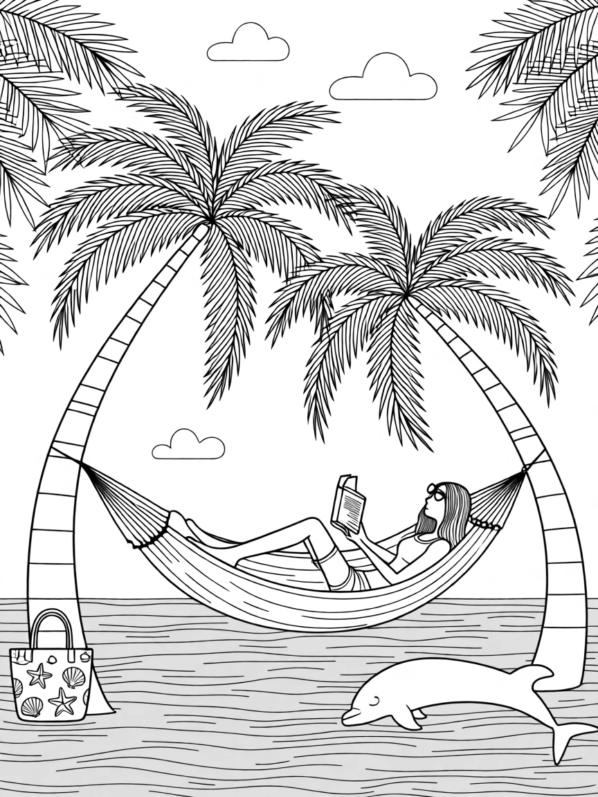 A hammock strung between two palm trees over turquoise water, with palm trees swaying just out of frame.
