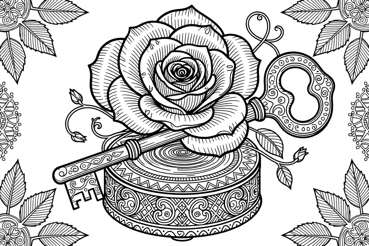 A vintage windup key turning a music box shaped like a rose.