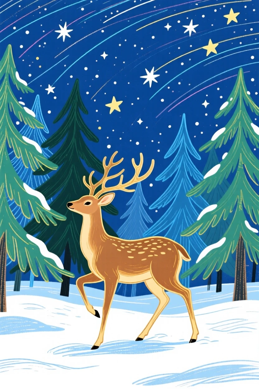 A gentle deer playing in a snowy pine forest under a clear starry sky.