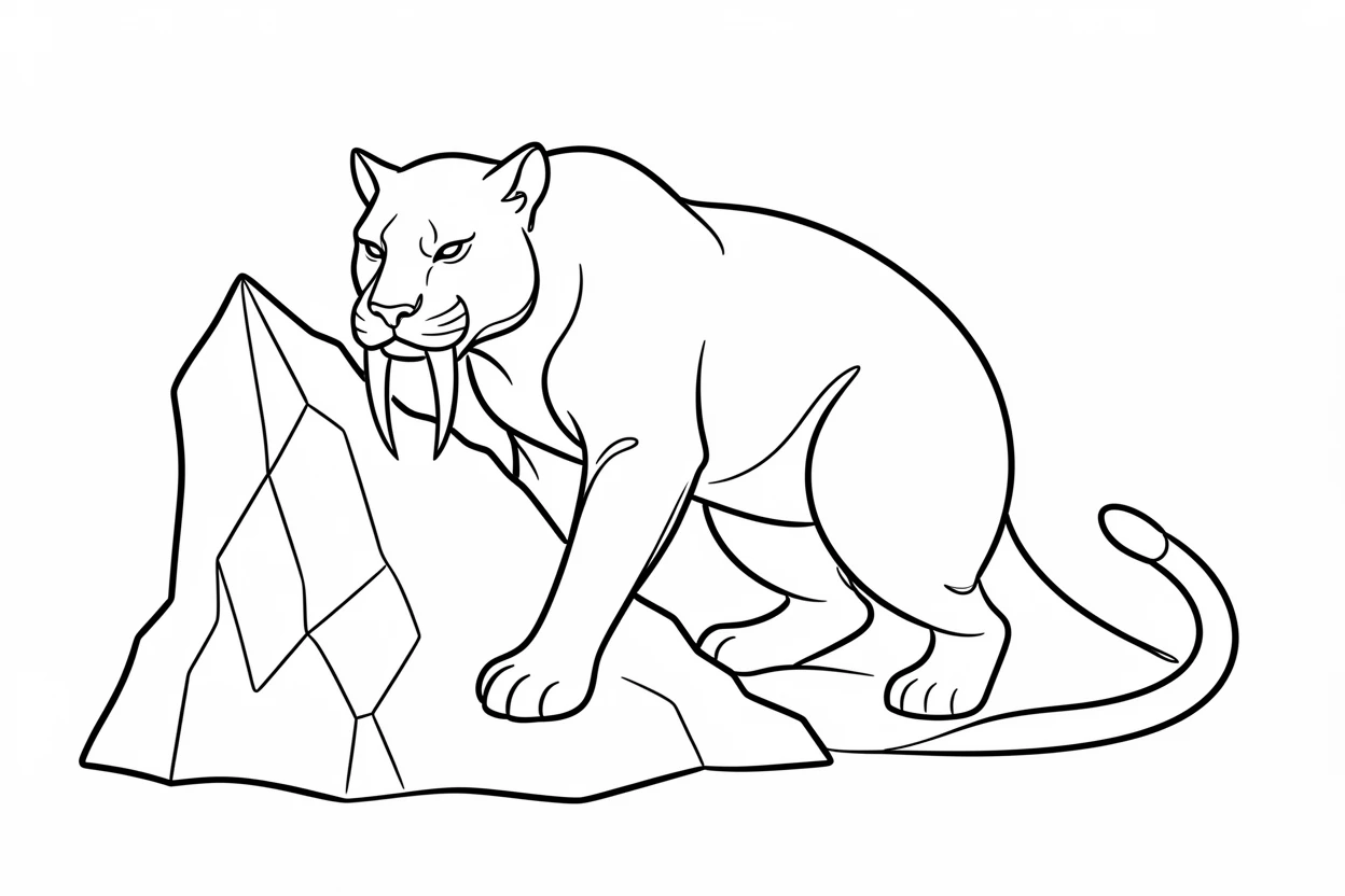 A saber-toothed tiger crouched behind a rocky outcrop on the hunt